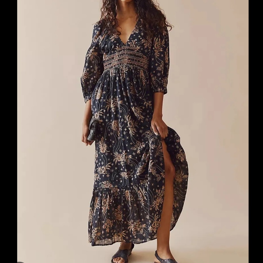 Free People Boho Golden Hour Border Maxi Dress in Black Combo